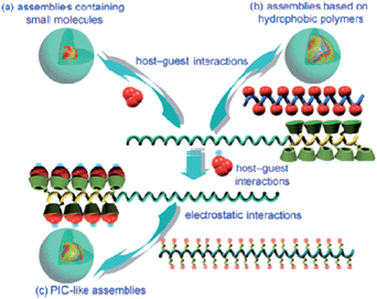 Schematic illustration of the formation of various host–guest assemblies: (a) small hydrophobic molecules mediated assemblies, (b) assemblies formed in the presence of ahydrophobic polymer, and (c) PIC-like assemblies. Reprinted with permission from ref. 61. Copyright Wiley-VCH Verlag GmbH & Co. KGaA.