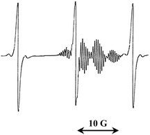 An ESR-spectrum observed upon irradiation by visible light (through red light filter RL-15 with λ > 650 nm) of the TB–MNP–benzene system at 20 °C.