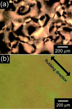 Polarizing optical microscopic image of the nematic liquid crystal electrolyte solution between non-rubbed substrates (a), and rubbed substrates (b).