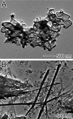 TEM image of RB-APS complex synthesized in the presence of different concentrations of RB. (A) [RB] = 10 mM; (B) [RB] = 1.25 mM.