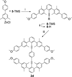 i. Pd(PPh3)4, THF; ii. K2CO3, MeOH; iii. 1,4-diiodobenzene, Pd(PPh3)4, CuI, TEA.