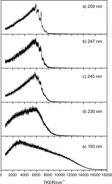 TKER spectra derived from H atom TOF measurements following photolysis of morpholine at λphot = (a) 250.0 nm, (b) 247.0 nm, (c) 245.0 nm, (d) 230.0 nm and (e) 193.3 nm. εphot for all these data was aligned at θ = 90° to the TOF axis.