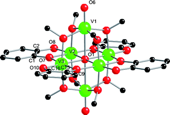 Structure of one of the unique molecules in the crystal structure of 4. Selected bond lengths (Å): V–O1 2.0848(12)–2.4650(12), V1–O6 1.598(4), V–O(Me) 1.974(4)–1.997(4), V–O(cat) 1.858(4)–2.012(4), C–O(cat) 1.346(7)–1.372(6), C–C(ind) 1.388(4) and 1.397(4).