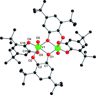 Crystal structure of 5. Selected bond lengths (Å): V1–O5 1.591(3). Bridging ligand: C1–O1 1.375(4), C2–O2 1.353(5), C1–C2 1.389(5). Terminal ligand: C15–O3 1.372(4), C16–O4 1.357(4), C15–C16 1.399(5).