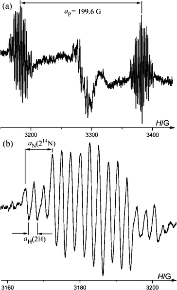 (a) EPR spectrum of 6a recorded under UV-irradiation at 298 K, (b) expanded low field multiplet.