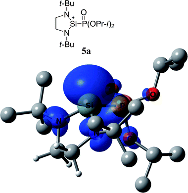 DFT calculated spin density of 5a at 0.003 au contour level. Calculated g-factor, absolute values of hfc constants and Löwdin atomic spin densities (in parentheses) at the particular nucleus of radical 5a: g = 2.0032, a(13C) = 2.3 G (0.9%), a(13C′) = 1.1 G (0.1%), a(1H) = 0.7 G (0.06%), a(1H*) = 2.9 G (0.29%), a(1H′) = 1.7 G (0.24%), a(1H*′) = 5.0 G (1.1%).