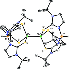 Molecular structure of {[TmBut]GaGa[TmBut]}I2 (only the cation is shown).