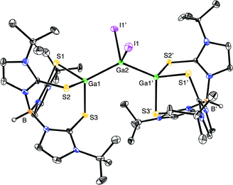 Molecular structure of {[TmBut]Ga(GaI2)Ga[TmBut]}+.