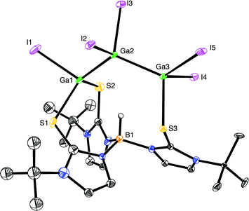 Molecular structure of {[μ-κ1,κ2-TmBut]GaI2GaI2GaI}−.