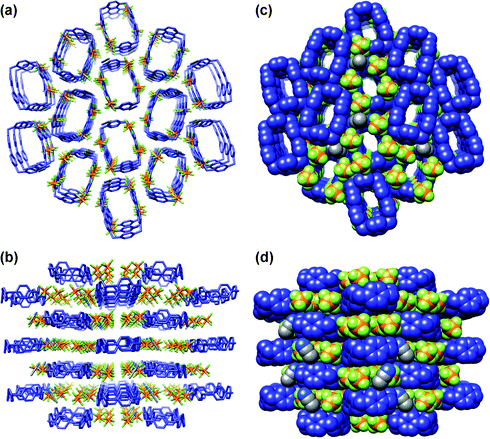The “chimney” CBPQT·4PF6 solid-state gross structure. (a) Wireframe representation, viewed down the crystallographic a axis, (b) wireframe representation, viewed down the crystallographic c axis, (c) space-filling representation, viewed down the crystallographic a axis, (d) space-filling representation, viewed down the crystallographic c axis. Colour code: CBPQT4+, blue; MeCN and PF6− are coloured by element. C, gray; N, blue; P, orange, F, yellow. All H atoms have been omitted for clarity.