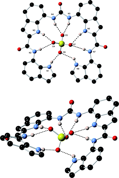 Two views of the X-ray crystal structure of 1·(TBA)2SO4. Tetrabutylammonium counter cations have been omitted for clarity.