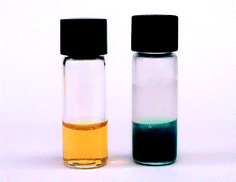 Photograph illustrating the colour change of 1 at room temperature (left) and low temperature (right) in butyronitrile upon cooling.