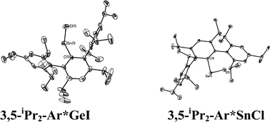 Thermal ellipsoid (30%) drawings of 3,5-iPr2-Ar*GeI and 3,5-iPr2-Ar*SnCl. H atoms are not shown. Selected bond lengths (Å) and angles (°): 3,5-iPr2-Ar*GeI: Ge1–C1 2.015(4), Ge1–I1 2.6221(6), C1–Ge1–I1 108.99(6); 3,5-iPr2-Ar*SnCl: Sn1–C1 2.176(6), Sn1–Cl1 2.371(3), C1–Sn1–Cl1 133.68(14).