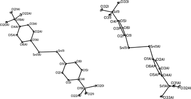 Comparison of core geometries for (4-tBu-Ar′Sn)2 (left) and (4-Me3Si-Ar′Sn)2 (right); flanking aryl groups are not shown.