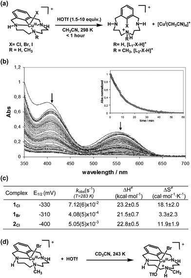 (a) Acid-triggered quantitative aryl-X reductive elimination from aryl–CuIII-X at room temperature (counteranions omitted for clarity). (b) UV-vis monitoring of reductive elimination of complex [L1C–CuIII-Br]Br (1Br) upon addition of 1.5 equiv. of acid ([1Br] = 0.5 mM, [CF3SO3H] = 0.75 mM, CH3CN, 288 K). Inset shows decay profile at 420 nm (circles = experimental data, solid line = first-order theoretical fit). (c) Electrochemical (vs. SSCE, [complex] = 1 mM, scan rate = 0.2 V s−1, TBAPF6 0.1 M, CH3CN, 263 K) and kinetic data associated with aryl halide reductive elimination from aryl–CuIII-X species ([complex] = 0.5 mM, [CF3SO3H] = 0.75 mM, CH3CN, 253–283 K for 1Cl, 278–298 K for 1Br and 2Cl). (d) Proposed interaction of triflic acid with 1Br through weak axial coordination of the triflate anion to the CuIII center with concomitant protonation of the central amine.