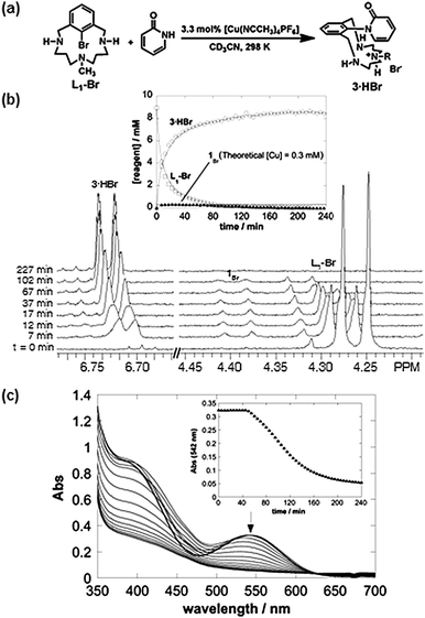 (a) Copper-catalyzed catalytic C–N bond forming reaction for the conversion of L1-Br and pyridone into 3·HBr at room temperature. (b) 1H NMR spectroscopic analysis of the Cu-catalyzed amination reaction: the catalytic resting state, aryl–CuIII-Br (1Br) is evident in the spectra obtained prior to t ∼ 120 min (for clarity only selected regions of the NMR spectrum are shown; full spectra are available in the ESI. Conditions: [L1-Br] = 9 mM, [pyridone] = 10 mM, [CuI(CH3CN)4PF6] = 0.3 mM, CD3CN, 288 K). (c) Analysis of the catalytic reaction by UV-visible spectroscopy and the time-dependent progression of the absorbance at 542 nm (inset). Immediately upon mixing, the charge-transfer bands associated with 1Br are observed, and these features persist until most of the reaction is complete (same experimental conditions as in (b)).