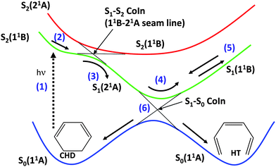 Energy diagram of the photo-conversion between cyclohexadiene and hexatriene. Taken from Ref. [25].