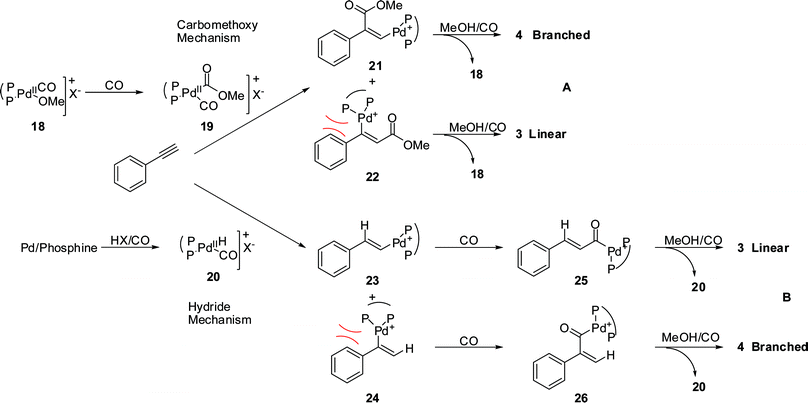 Carbomethoxy (A) and hydride (B) mechanisms for the methoxycarbonylation of phenylethyne.