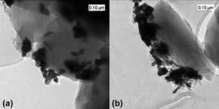 TEM images of a Ru(3%)/Na–Y zeolite after (a) NOx saturation and (b) NOx release.