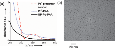 (a) UV-vis absorbance spectra of PdII precursor solution, PdII complexed to collapsed PAA, and NP-Pd-PAA after NaBH4 reduction. (b) TEM image of NP-Pd-PAA.