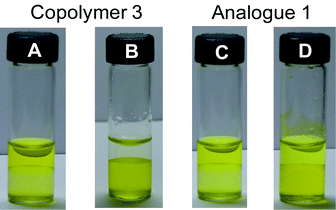 Photographs of vials showing the results of competition experiments. In these studies, copolymer 3 and analogue 1 (vials C and D) in CH2Cl2 (bottom layer) were first exposed to an aqueous solution (top layer) of sodium picrate (0.6 mM) and then caesium chloride (2 equiv. relative to sodium picrate) was directly added to the mixture. This resulted in complete or partial transfer of the color ascribed to the picrate anion to the bottom layer (vials B and D).