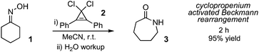 Demonstration of cyclopropenium-activated Beckmann rearrangement.