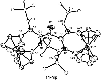 Molecular structure of 11-Np in the crystal. ORTEP plot with thermal ellipsoids drawn at the 30% probability level. For clarity, H atoms are omitted and the C atoms of the neopentyl substituents are displayed as circles of arbitrary size. Selected bond lengths (Å) and angles (°): C1–C2 1.384(9), C1–N1 1.463(7), C1–N2 1.436(8), C2–O1 1.301(8), C2–C3 1.534(10), C3–N3 1.361(8), C3–N4 1.362(9), C4–N1 1.449(7), C9–N2 1.420(8), C24–N3 1.404(11), C29–N4 1.446(11), N1–C1–N2 121.2(5), O1–C2–C1 129.3(7), O1–C2–C3 107.0(6), C1–C2–C3 123.6(6), N3–C3–N4 123.7(6), C1–N1–C4 115.6(4), C1–N1–C14 116.1(5), C4–N1–C14 112.7(5), C1–N2–C9 115.7(5), C1–N2–C19 116.1(4), C9–N2–C19 116.9(5), C3–N3–C24 126.9(6), C3–N3–C34 118.3(6), C24–N3–C34 114.0(5), C3–N4–C29 126.3(6), C3–N4–C39 123.3(6), C29–N4–C39 107.6(6).