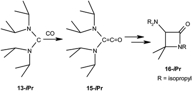 Addition reaction of the stable acyclic diaminocarbene 13-iPr with carbon monoxide, affording the β-lactam 16-iPr.