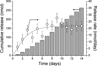 Release profile of RA from 400 μL of the cyclodextrin–dextran based hydrogel carrying 3.3 μmol RA. The cumulative release (grey bars) and released amounts per day (○) are shown.