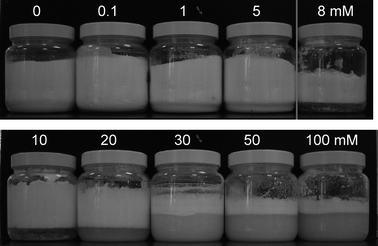 Appearance of materials 4 weeks after preparation in systems containing air, 4 wt% hydrophobic silica particles and aqueous SDS at concentrations given. Dry powders form between 0 and 5 mM, aqueous foams form at and above 8 mM.