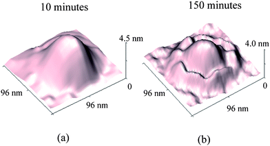 3D images of a nanobubble circled in Fig. 25a and 25c at 10 min (a) and 150 min (c) after the PS sample was immersed into DI water. The profile of the nanobubble is smooth at 10 min and a rim appeared around the nanobubble at 150 min.116