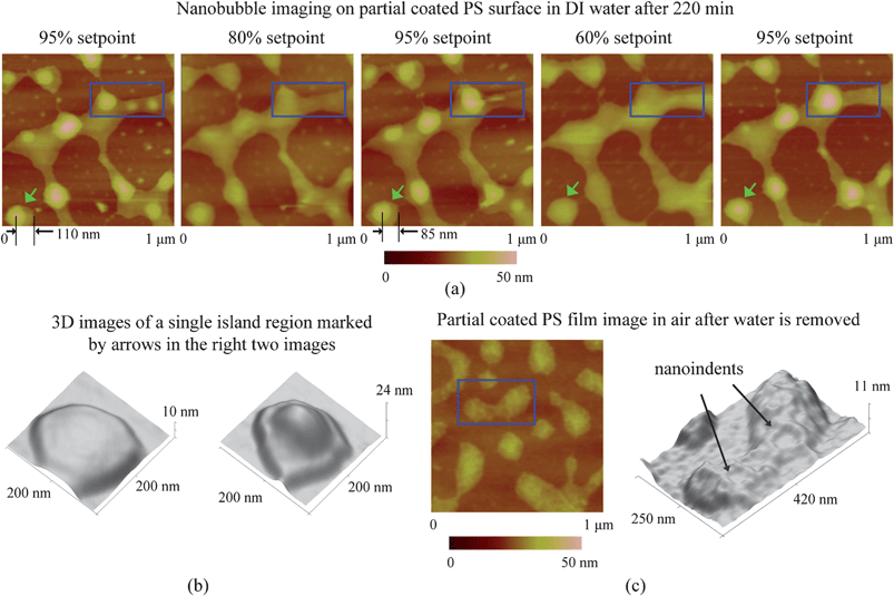 (a) Nanobubble images on the partially coated PS film as a sequence of applied amplitude setpoints of 95%, 80%, 95%, 60%, and 95% on the same scan area in DI water. Three nanobubbles coalesce and generate a big nanobubble in the boxed area, while the other nanobubbles stay on PS islands. The nanobubble pointed to by arrows in the first and third images shows evidence of nanobubble movement based on the measurement of the distance between the center of the nanobubble and edge of the PS island. (b) 3D images for the PS island pointed by the arrows in the fourth and fifth AFM images of (a). In the left image, the nanobubble cannot be imaged because of the penetration of AFM tip into the nanobubble. The image represents the topography of PS island. In the right image, nanobubble is imaged and sits on top of the PS island. (c) AFM image of the partially coated PS film in air after water was removed (left) and corresponding 3D image for the boxed area (right). Nanoindents are found on PS islands as pointed by arrows in the 3D image.115