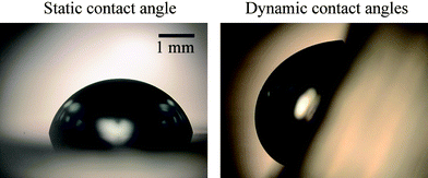 Images of a static glycerin droplet (left) on a horizontal surface and a sliding glycerin droplet (right) on an inclined surface with PS spin coated on SiO2 substrate. The static and dynamic contact angles can then be measured from the profiles of the static and dynamic droplets, respectively. The obtained static, advancing, and receding contact angles are 82.2°, 98.9°, and 60.3°, respectively.113