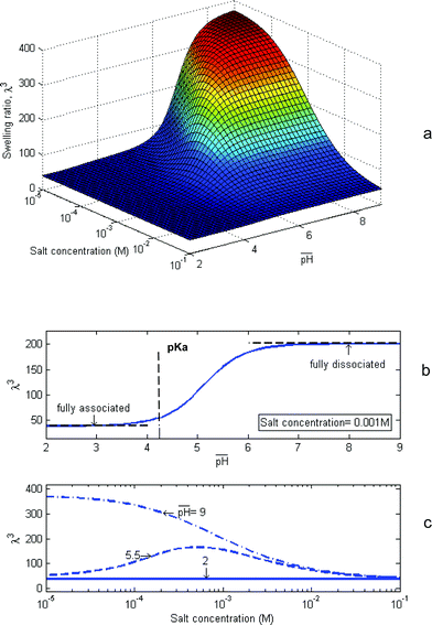 Numerical results for a free swelling gel. (a) The swelling ratio is plotted as a function of the two variables that specify the composition of the external solution: the  and the salt concentration (i.e., molar concentration of the counterions). (b) The swelling ratio is plotted as a function of  for a fixed salt concentration. (c) The swelling ratio is plotted as a function of the salt concentration at several values of .