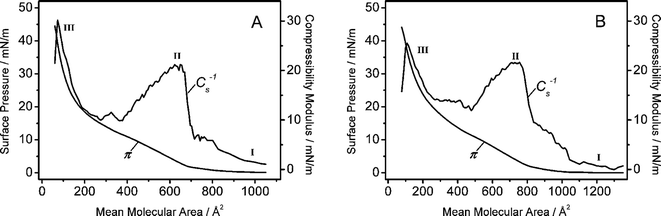 Surface pressure (π) and compressibility modulus (Cs−1) versus mean molecular area for the OH-terminated polymer (A) and the lipoic acid functionalized block copolymer (B). The isotherms were recorded at T = 20 °C. I, II, and III are explained in the text.