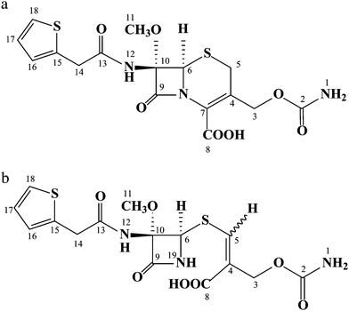 (a) Chemical structure of cefoxitin and (b) chemical structure of the new impurity.