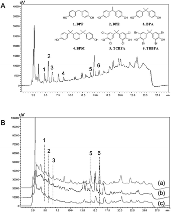 (A) The chromatogram for the blank river water spiked with 50 ng mL−1 of each BP. (B) Screening of bisphenols in river water samples SA (trace a), SB (trace b) and SC (trace c) by HPLC. HPLC conditions: column, CAPCELL PAK C18 (250 × 4.6 mm ID, SHISEIDO); mobile phase, 10 mM NH4Ac buffer (pH 5.8, A) and methanol (B), gradient process: 0–20 min, 68% B to 90 B%, 20–25 min, 90% B, and 25–30 min, 68% B; flow-rate, 1.0 mL min−1; column temperature, 25 °C; injection, 20 μL; detection wavelength, 232 nm. Peaks: 1, BPF; 2, BPE; 3, BPA; 4, BPM; 5, TCBPA; 6, TBBPA.