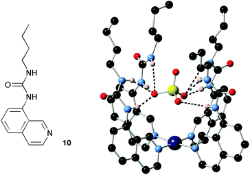 The structure of compound 10 and the X-ray crystal structure of the tetrakis Pt(ii) complex of this compound binding sulfate.