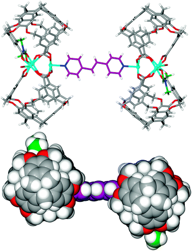 Two views of the dimeric [{Cu3L2(DMF)(H2O)}2(μ-BPE)] assembly from the crystal structure of complex 3.