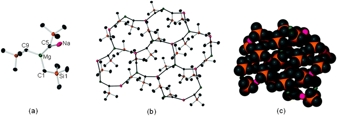 (a) Asymmetric unit of 1. (b) Polymeric sheet network of 1. (c) Space filling model for polymeric structure of 1 (in all the figures hydrogen atoms have been omitted for clarity).