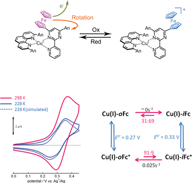 (a) Schematic representation of rotation induced by a redox reaction at the ferrocenyl rotor. (b) Cyclic voltammograms of [Cu(9-AnthFcpmpy)(LAnth2)]+ in 0.1 M nBu4NBF4–acetone for the Fc+/Fc process at room temperature (red), at 228 K (blue), and the simulated wave (blue dot). Scan rate: 25 mV s−1. (c) Square scheme composed of the redox reaction (vertical) and the rotation (horizontal) of the ferrocene rotor. Selected parameters obtained from the simulation curve are also presented in (b).