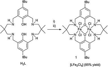 Synthesis of 1. Reagents and conditions: (i) 2 KH, THF, −30 to 25 °C, 2 h; (ii) 2 [FeCl3(DME)], THF, 25 °C, 20 h.