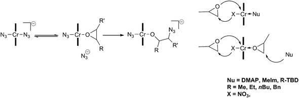 Proposed initiation mechanism with chromium salen complexes and ionic (left) and neutral (right) co-catalysts.