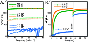 (A) Dynamic frequency sweeps of Fmoc–F5–Phe–OH ∶ Fmoc–F5–Phe–PEG co-fibrils (1 ∶ 1, blue; 4 ∶ 1, green; 9 ∶ 1, orange). (B) Dynamic time sweeps of each mixture before and after the application of 100% strain (G″ omitted for clarity).