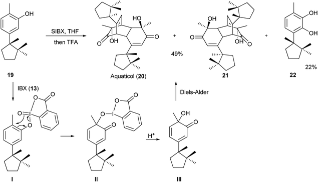 Dearomatization-cycloaddition of phenols for the synthesis of aquaticol (20).