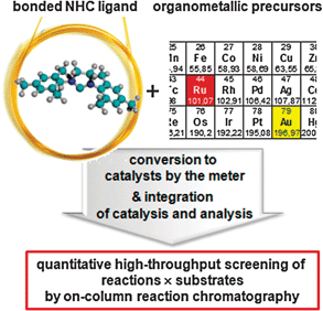 Strategy utilizing immobilised NHC ligands in fused-silica micro capillaries to create NHC ligand based catalysts (here Ru and Au catalysts) for high-throughput investigations by on-column reaction chromatography.