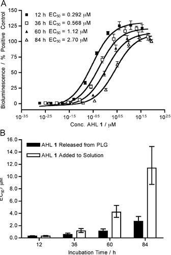(A) Dose–response curves for aliquots of AHL 1 released from PLG films incubated in buffer (LBS; pH 7.5, 37 °C) at selected time points and added to V. fischeri (ES114) (see text). Initial film loading of AHL 1 = 36 μg. QS activation measured via luminescence output per well. Concentration of AHL 1 determined from replicate wells of PLG : AHL 1 films in M9 buffer (see Fig. 2). Each data point is an average of 4 replicate wells; error bar is STE. (B) Comparison of the change in EC50 value for AHL 1vs. time for AHL 1 released from PLG films (loading of 1 = 36 μg) or direct treatment with a bolus of 36 μg AHL 1 (see text). Error bars are 95% CI.