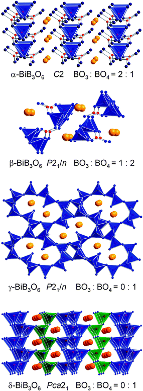 The four different polymorphs of BiB3O6.