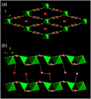 Two views of the structure of hydrated MIL-53(Cr)(H2O) (a) parallel to the lozenge-shaped channels and (b) perpendicular view of a single channel. The green octahedra are Cr(iii)-centred building units and the oxygen atoms of occluded water are shown as red or pink spheres. Although there is one crystallographic site for water, it is 50% occupied and in (b) the scenarios of water hydrogen bonding are shown.