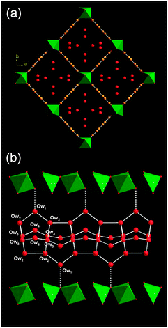 Two views of the structure of superhydrated MIL-53(Cr)(6.2H2O) (a) parallel to the lozenge-shaped channels and (b) perpendicular view of a single channel. Legend as for Fig. 2. Water–water hydrogen bonds are shown in white and the water–framework hydrogen bond as a dotted line.